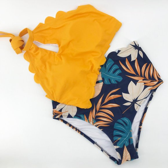 BEACHSISSI🌺Scolloped Hem Leaf Tankini Set👙S - Picture 5 of 10